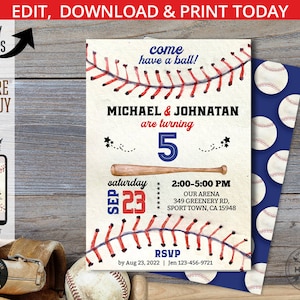 Invitation d'anniversaire de jumeaux de baseball bleu marine rouge frères garçons fête commune inviter sport slugger ball game. Conception de carte modifiable. 191HPA 03