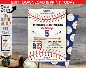 Baseball twins birthday invitation navy blue red brothers boys joint party invite sports slugger ball game. Editable card design. 191HPA 03