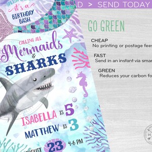 Invitación electrónica de cumpleaños conjunta de Sirenas y Tiburones bajo el mar para dos hermanos, invitación digital en línea para smartphone. E062 01 062HPA imagen 4