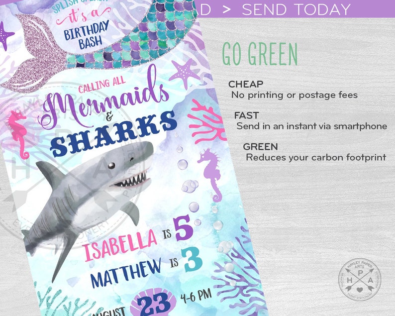 Invitación electrónica de cumpleaños conjunta de Sirenas y Tiburones bajo el mar para dos hermanos, invitación digital en línea para smartphone. E062 01 062HPA imagen 4