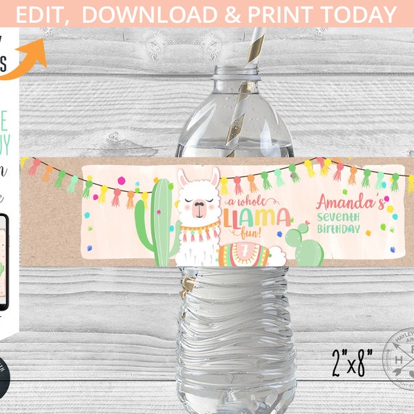 Llama water bottle label whole llama fun celebration birthday fiesta pink pastel alpaca girl party. Editable printable label. 071HPA 07 C