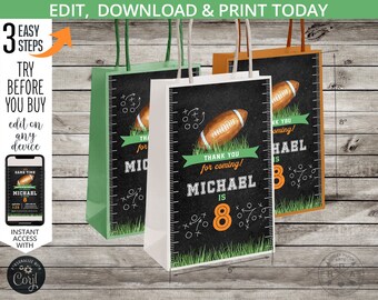 Football paper gift bag labels birthday favor little rookie any age sports party handle takeaway label. Editable printable. 217HPA 15 C