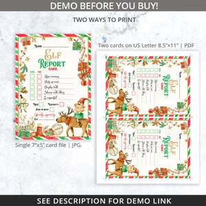 Puede incluir: Dos tarjetas de informe de elfo navide&ntilde;o imprimibles. Una tarjeta mide 7 pulgadas por 5 pulgadas y la otra 8,5 pulgadas por 11 pulgadas. Ambas tarjetas presentan una ilustraci&oacute;n de acuarela de un elfo montando un reno con un borde a rayas rojo y verde.