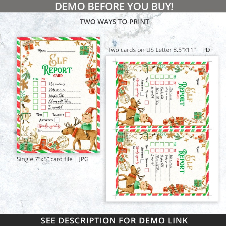 Puede incluir: Dos tarjetas de informe de elfo navide&ntilde;o imprimibles. Una tarjeta mide 7 pulgadas por 5 pulgadas y la otra 8,5 pulgadas por 11 pulgadas. Ambas tarjetas presentan una ilustraci&oacute;n de acuarela de un elfo montando un reno con un borde a rayas rojo y verde.