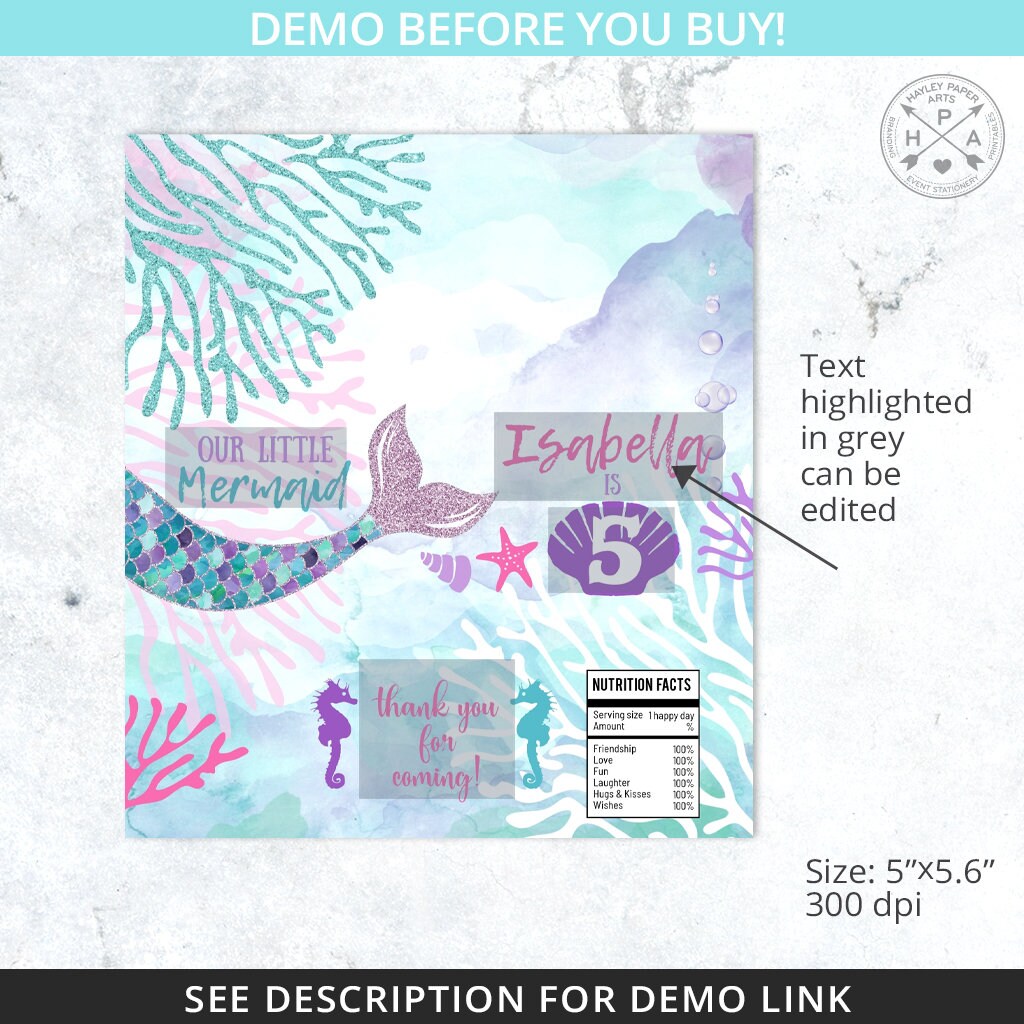 Mermaid Chocolate Bar Wrapper Birthday Celebration Candy Label Glitter ...