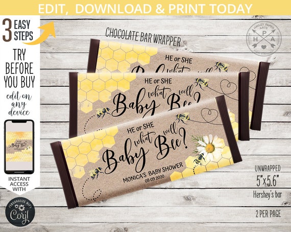 Bee gender reveal baby shower chocolate candy bar wrapper he or she honey party thank you favor treat. Self-editable template. 049HPA 16 C Il_570xn