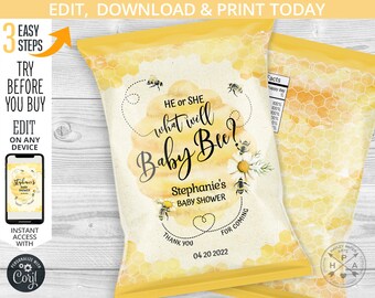 May include: A yellow and white chip bag with a watercolor design of honeycombs and bees. The text on the bag reads "He or She What Will Baby Bee?" and "Stephanie's Baby Shower". The date "04 20 2022" is also printed on the bag.