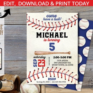 Invito per il compleanno di baseball, festa per ragazzi blu navy e rossi, invito al gioco della palla da slugger sportivo per principianti dell'anno. Design della carta modificabile. 191HPA01