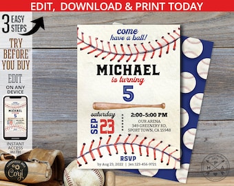 Baseball birthday invitation navy blue red boy party invite rookie of the year sports slugger ball game. Editable card design. 191HPA 01