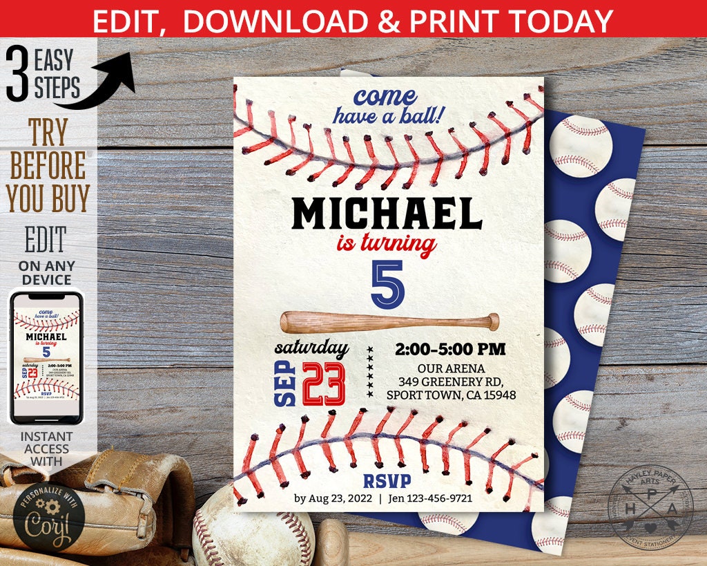 Invitación de cumpleaños de béisbol azul marino rojo fiesta de niño invita  al novato del año al juego de pelota de bateador deportivo. Diseño de  tarjeta editable. 191HPA 01 - Etsy México, image size:1024x819