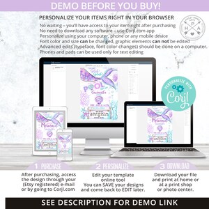 May include: A digital invitation template for a mermaid-themed pool party. The invitation features a mermaid tail with purple and blue scales, a seashell, and the text "Splash! Pool Party Samantha Turns 4". The invitation is customisable using the Corjl.com app.