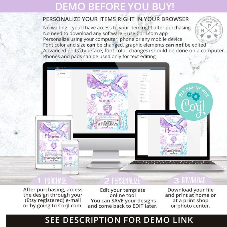 May include: A digital invitation template for a mermaid-themed pool party. The invitation features a mermaid tail with purple and blue scales, a seashell, and the text "Splash! Pool Party Samantha Turns 4". The invitation is customisable using the Corjl.com app.