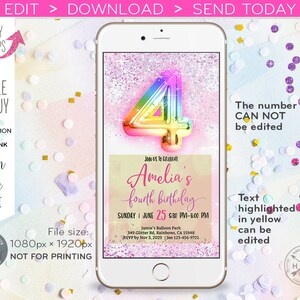 May include: A digital invitation for a fourth birthday party. The invitation features a rainbow-colored number four balloon, a pink background with glitter, and the text "Join us to celebrate Amelia's fourth birthday".