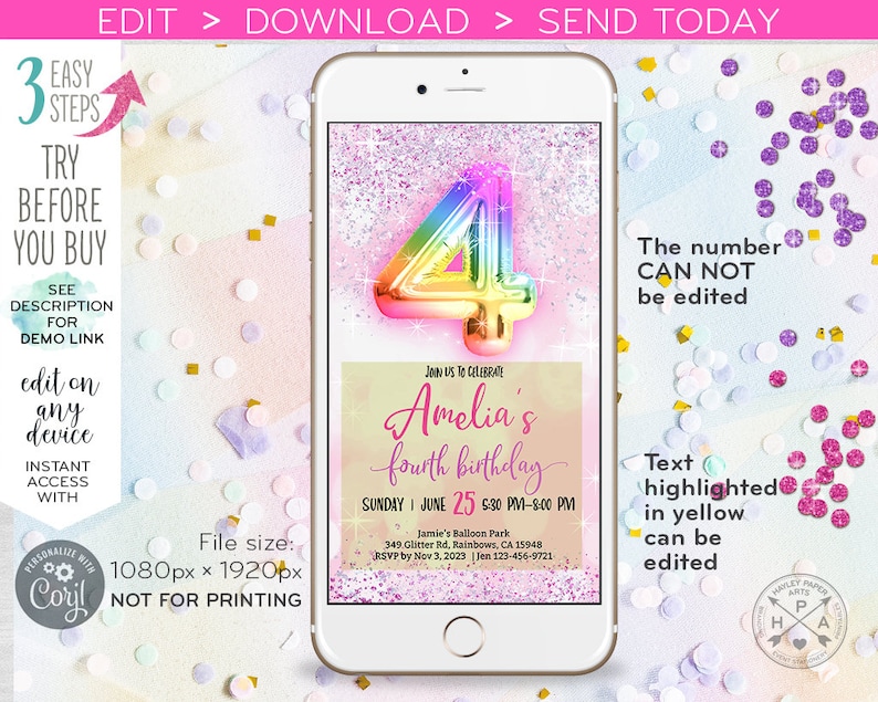 May include: A digital invitation for a fourth birthday party. The invitation features a rainbow-colored number four balloon, a pink background with glitter, and the text "Join us to celebrate Amelia's fourth birthday".