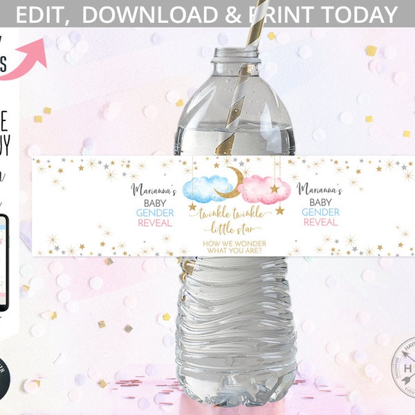 Twinkle twinkle little star gender reveal shower party water bottle label, blue pink clouds stars gold. Editable template. 177HPA 12 A