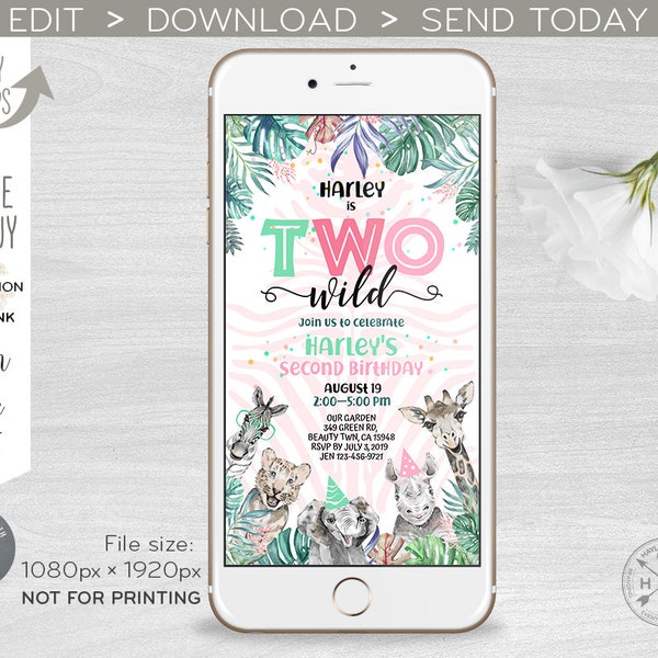 Party animals jungle two wild electronic invitation safari pink mint girl second birthday sms smartphone e-vite template E125 02 125HPA