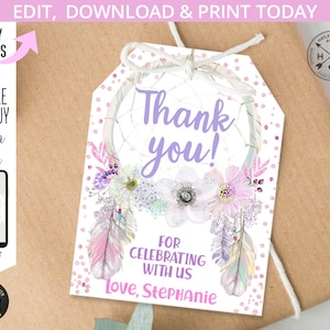 Dreamcatcher wild Thank you favor tag first birthday party girl lila pink boho gold. Bearbeitbar druckbar. 109HPA 08 A
