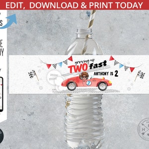 Two fast vintage car race birthday water bottle label 2 second boy speed sport red car racing party. Editable printable. 211HPA 12 B image 1