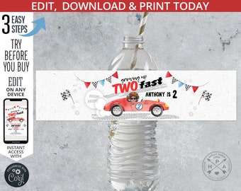 Two fast vintage car race birthday water bottle label 2 second boy speed sport red car racing party. Editable printable. 211HPA 12 B