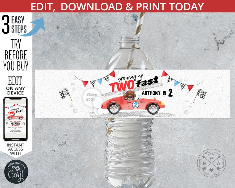Two fast vintage car race birthday water bottle label 2 second boy speed sport red car racing party. Editable printable. 211HPA 12 B image 1
