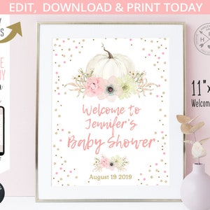 EDITABLE Pumpkin welcome sign baby shower party poster 11x14 guestbook board Pink pastel boho flowers confetti. Editable template. 001HPA 14