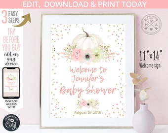 EDITIERBARE Kürbis Willkommensschild Baby Shower Party Poster 11x14 Gästebuch Board Rosa Pastell Boho Blumen Konfetti. Bearbeitbare Vorlage. 001HPA-14