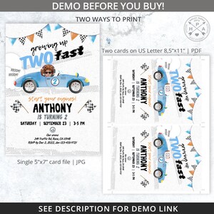May include: A blue and white race car birthday invitation with the text "growing up TWO fast" and "start your engines! Anthony is turning 2". The invitation is for a birthday party on Saturday, September 23rd from 3-5 pm.