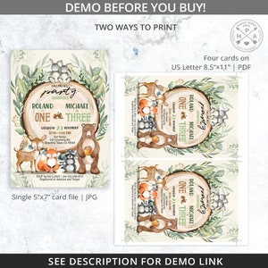 May include: A woodland-themed invitation for a first and third birthday party. The invitation features a woodgrain circle with the text "Calling all animals party" and the names "Roland is One & Michael is Three". The invitation also includes a date, time, and location for the party. The invitation is decorated with illustrations of woodland animals, including a bear, fox, deer, and raccoon.