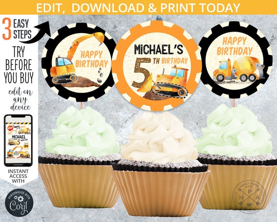 Construction cupcake toppers traffic road truck boy birthday 2x2 tags. Instant access to the template. 180HPA 22 A Il_570xn