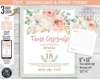 May include: A white framed sign with the text "Time Capsule" and "Brooke Turns 18". The sign is decorated with floral elements in pink, white, and green. Includes a message card, 3.5" x 5", and a phone mockup.
