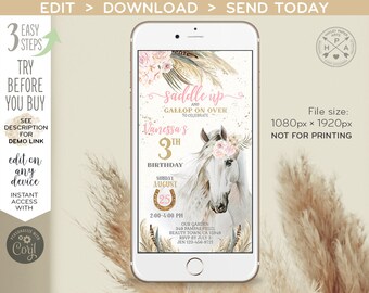 Horse cowgirl evite electronic birthday party invitation floral pampas smartphone e-vite digital invite. Editable template. E176 01 176HPA