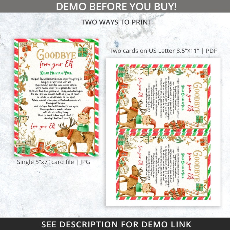 K&ouml;nnte beinhalten: Ein digitaler Weihnachtsdruck mit zwei Kartenoptionen. Eine ist eine einzelne 12,7 cm x 17,8 cm Karte mit einem Gedicht von einem Elf, die andere sind zwei Karten auf A4-Papier. Das Design umfasst festliche R&auml;nder und Illustrationen.
