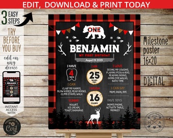 Puede incluir: Un cartel de hitos del primer cumpleaños imprimible para un niño llamado Benjamin. El cartel presenta un oso blanco y negro, un fondo de cuadros rojos y negros de búfalo y un diseño de pizarra. El cartel incluye detalles sobre la edad, la altura, el peso y los hitos de Benjamin. El cartel mide 40,6 x 50,8 cm.