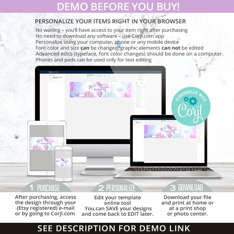 Op de afbeelding: Een digitale mockup die laat zien hoe je een printbaar ontwerp kunt personaliseren met behulp van de website Corjl.com. Het ontwerp bevat een zeemeermin met een roze staart en een blauwe achtergrond. De tekst op de afbeelding luidt "PERSONALISEER MET Corjl".