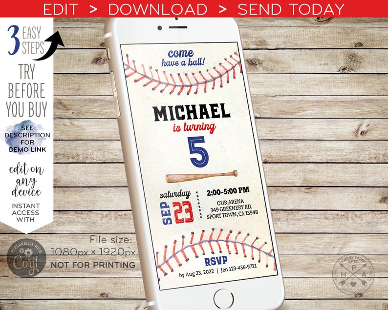 Op de afbeelding: Een baseball-thema verjaardagsuitnodiging voor een jongen die vijf jaar wordt. De uitnodiging is ontworpen om eruit te zien als een smartphone-scherm met een rood-wit-blauwe baseball-afbeelding. De tekst op de uitnodiging luidt: &bdquo;Kom en maak plezier! Michael wordt 5. Zaterdag 23 september, 14:00-17:00 uur. Onze Arena, 349 Greenery Rd, Sport Town, CA 15948. RSVP v&oacute;&oacute;r 23 augustus 2022. Jen 123-456-9721. &ldquo;