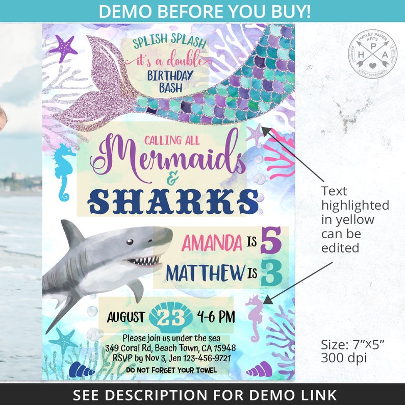 Może przedstawiać: Zaproszenie na przyjęcie urodzinowe w stylu syren i rekin&oacute;w z akwarelowym tłem. Zaproszenie zawiera napis "Splish Splash it's a double birthday bash" i "Calling all Mermaids & Sharks". Zaproszenie jest dla Amandy, kt&oacute;ra kończy 5 lat, i Mateusza, kt&oacute;ry kończy 3 lata. Przyjęcie odbędzie się 23 sierpnia w godzinach od 16:00 do 18:00. Zaproszenie zawiera adres i informacje RSVP.