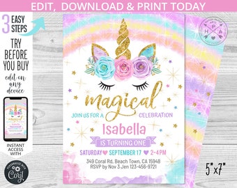 May include: A printable invitation for a first birthday party with a unicorn theme. The invitation features a unicorn with a gold horn and a floral crown, with the text "magical" and "Isabella is turning one" in gold glitter lettering. The invitation is 5 inches by 7 inches.