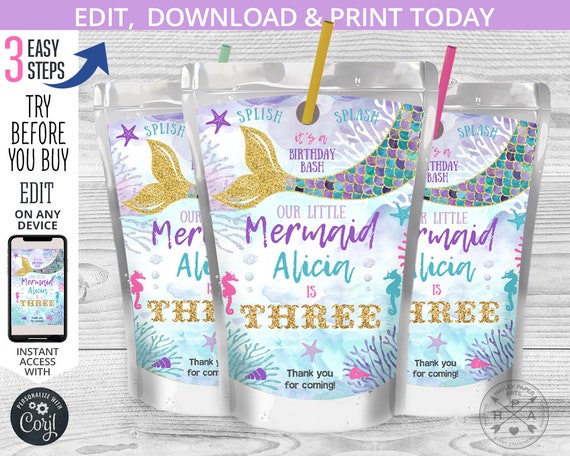 Mermaid juice bag label, capri juice bags, under the sea juice pouch, purple gold pink, any age birthday party editable template 060HPA 18 B Il_570xn