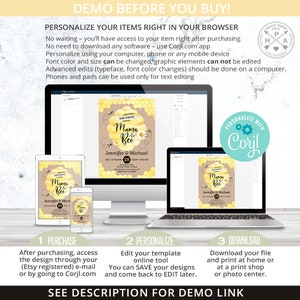 May include: A digital invitation for a baby shower with a yellow and brown honeycomb pattern. The text reads "Mama to Bee" with a bee illustration. The invitation is customizable using Corjl.com.