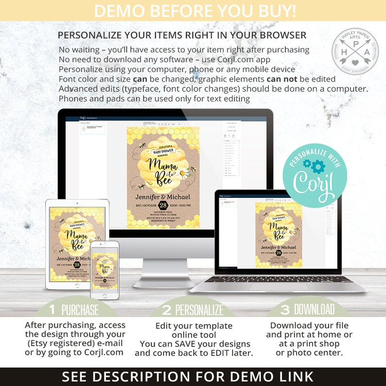 May include: A digital invitation for a baby shower with a yellow and brown honeycomb pattern. The text reads "Mama to Bee" with a bee illustration. The invitation is customizable using Corjl.com.