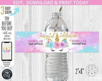 Unicorn water bottle label magical celebration birthday purple pink gold girl magic party. Editable template. Instant download. 046HPA 07