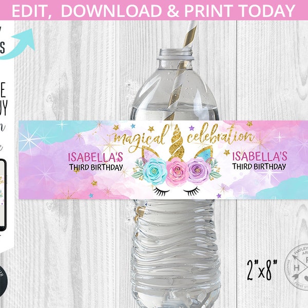 Unicorn water bottle label magical celebration birthday purple pink gold girl magic party. Editable template. Instant download. 046HPA 07