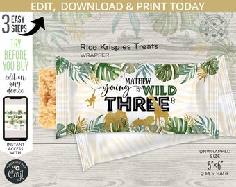 Galletas krispies de arroz salvaje de la jungla, etiqueta de envoltorio de animales de safari, obsequio de tercer cumpleaños, golosina crujiente krispy. Plantilla editable 040HPA 37 C