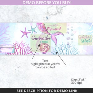 Op de afbeelding: Een printbare mermaid-thema verjaardagsbord met een aquarel achtergrond. De banner heeft een zeemeerminstaart, zeesterren, koraal en de tekst "our little Mermaid Samantha is turning 5" en "Splish! Splash!" in geel.