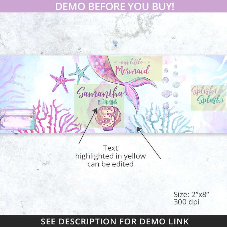 Op de afbeelding: Een printbare mermaid-thema verjaardagsbord met een aquarel achtergrond. De banner heeft een zeemeerminstaart, zeesterren, koraal en de tekst "our little Mermaid Samantha is turning 5" en "Splish! Splash!" in geel.