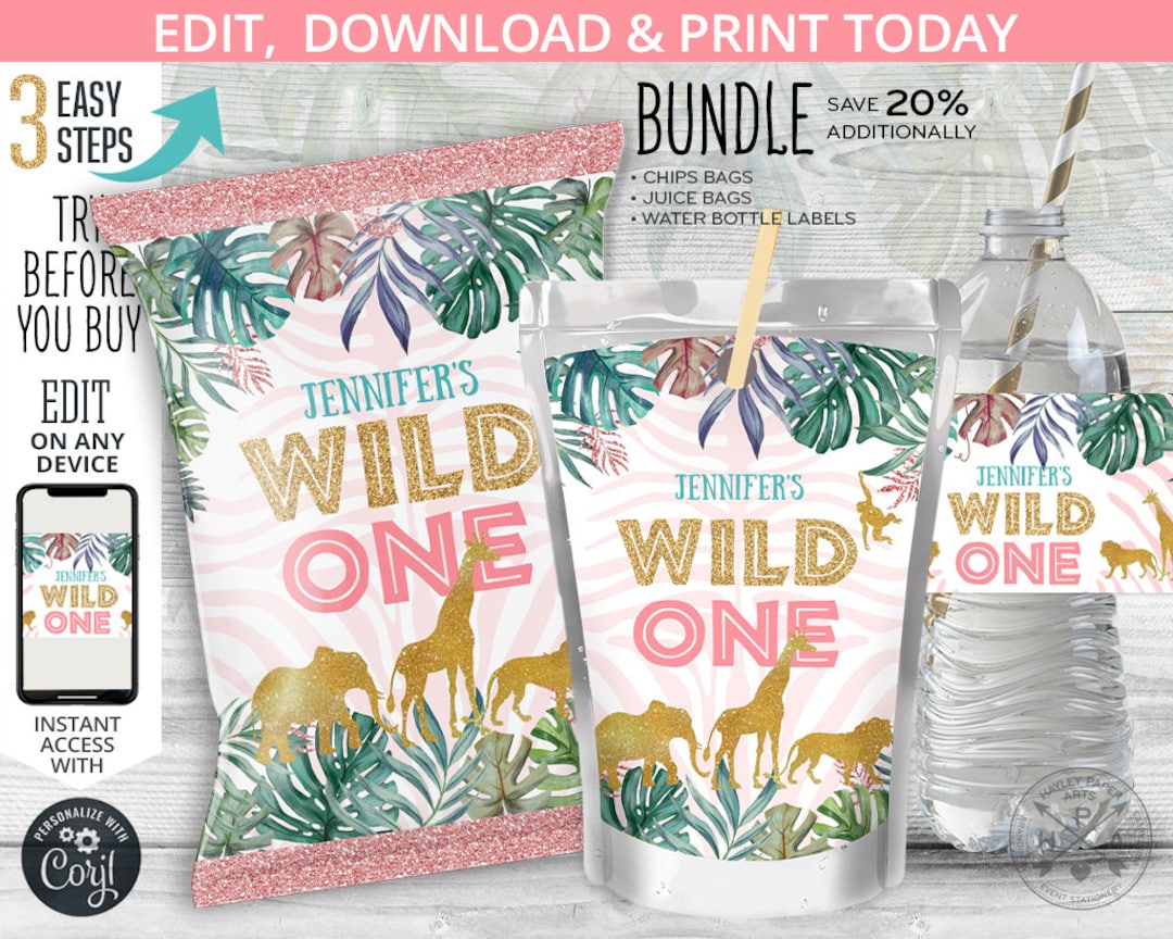BUNDLE Jungle Girl Wild One Chips Bag, Juice Bags, Safari Water Bottle ...