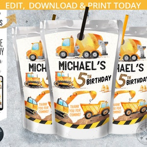 Construction juice bag label, juice bag label, drink pouch, traffic truck workers digger birthday party. Selfeditable template. 180HPA 18 A