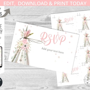 TeePee RSVP Karteneinsatz Baby Shower Tee Natursekt Party Boho Wild Girl Boho Tipi. Sofort bearbeitbare Vorlage. 106HPA 15