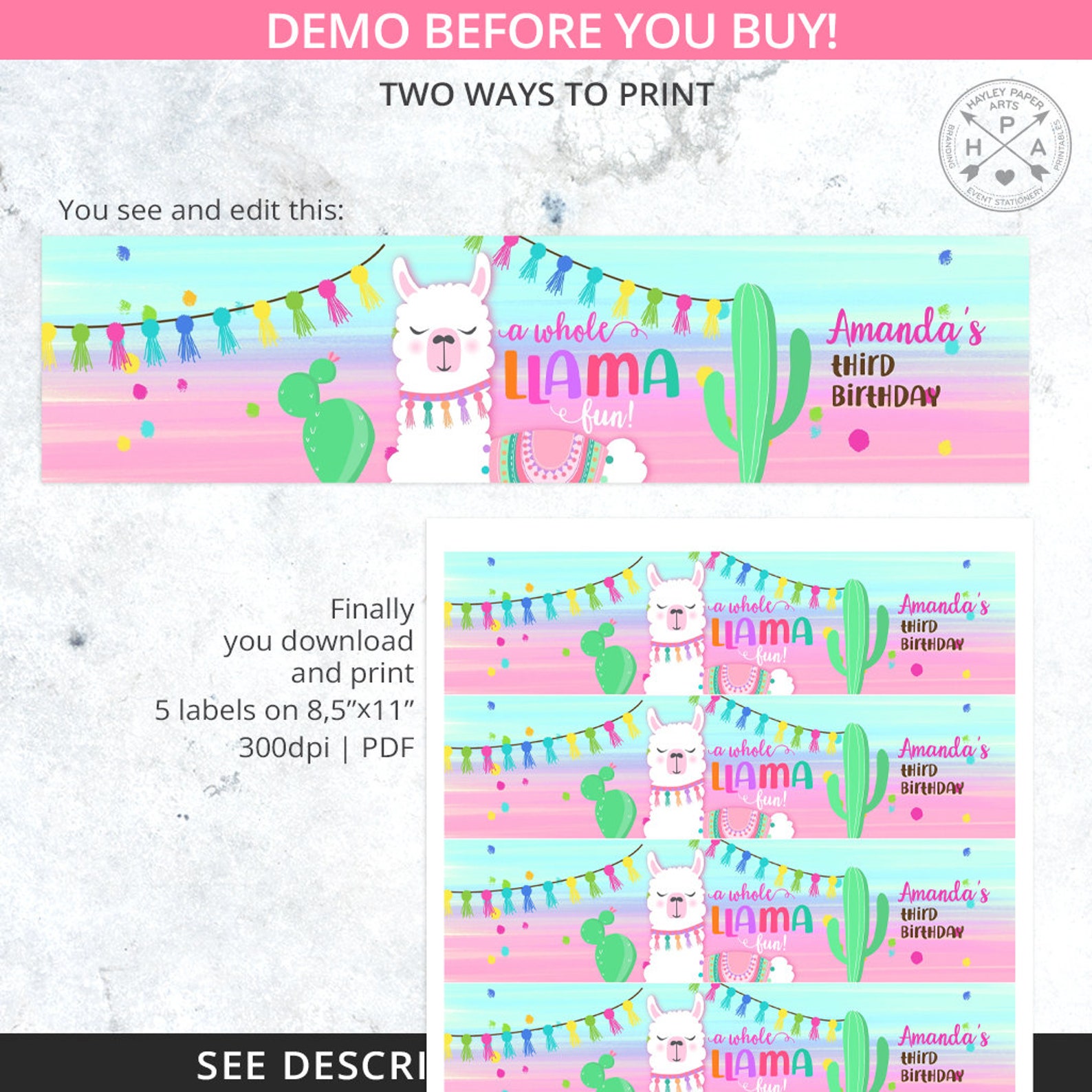 Llama Water Bottle Label Whole Llama Fun Celebration Birthday Etsy