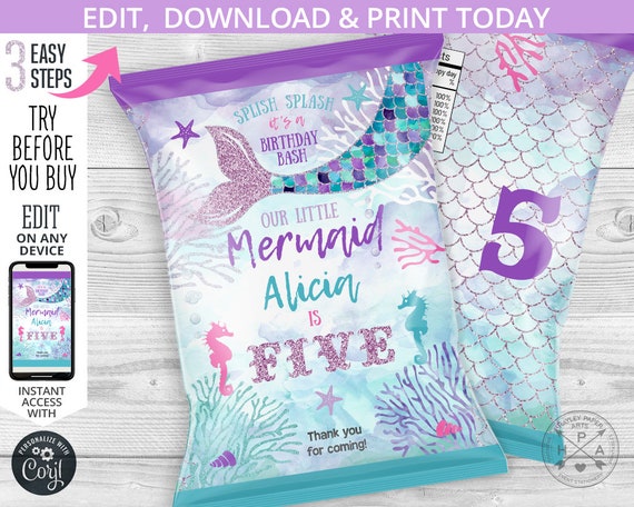 Mermaid chip bag, snacks treat bags, chips pouch, wrapper, under the sea, purple aqua, any age birthday party editable template. 060HPA 17 Il_570xn